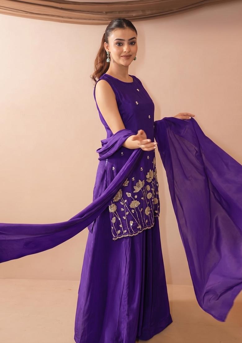 Purple Embroidered Crepe Kurta Set - Indya