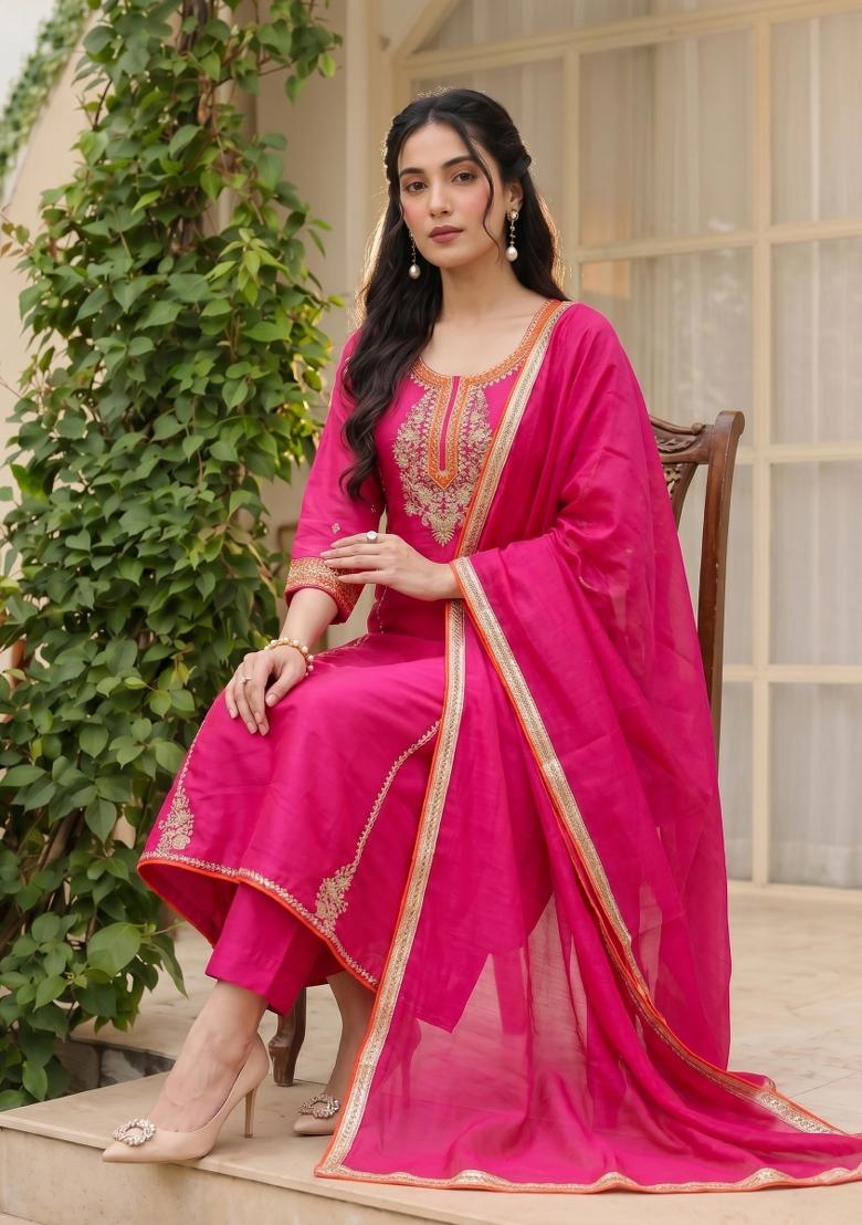 Pink Embroidered Silk Kurta Set - Indya