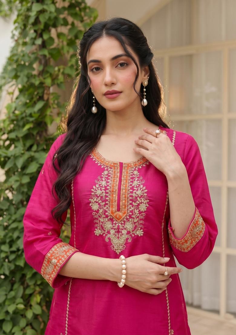 Pink Embroidered Silk Kurta Set - Indya