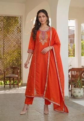 Orange Embroidered Silk Kurta Set