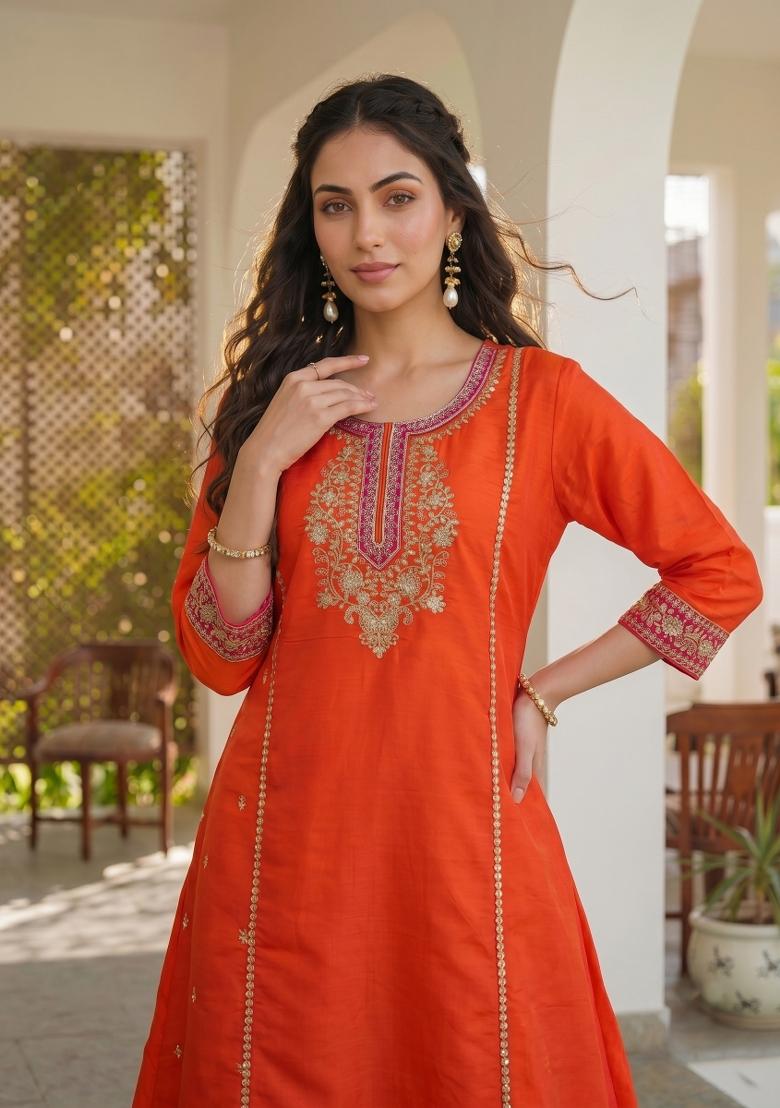 Orange Embroidered Silk Kurta Set - Indya