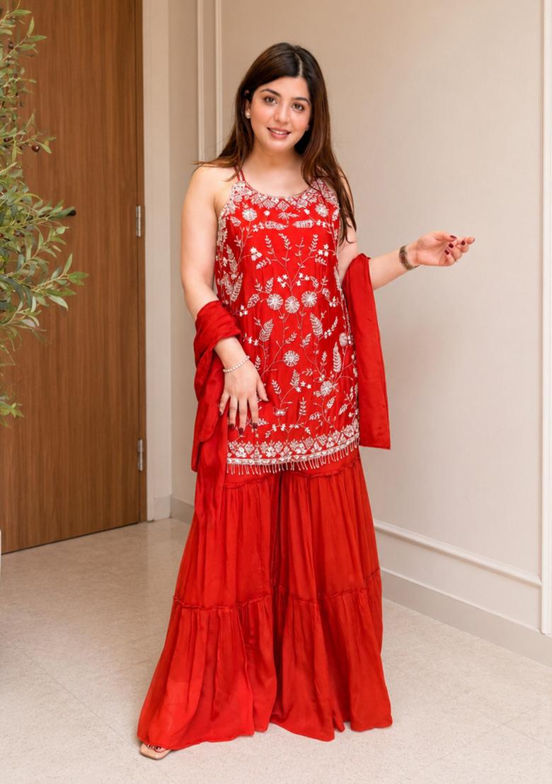 Orange Embroidered Chinon Kurta Set - Indya