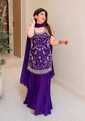 Purple Embroidered Chinon Kurta Set