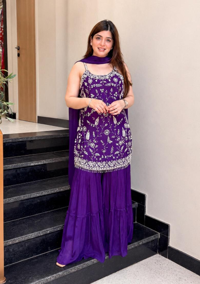 Purple Embroidered Chinon Kurta Set - Indya