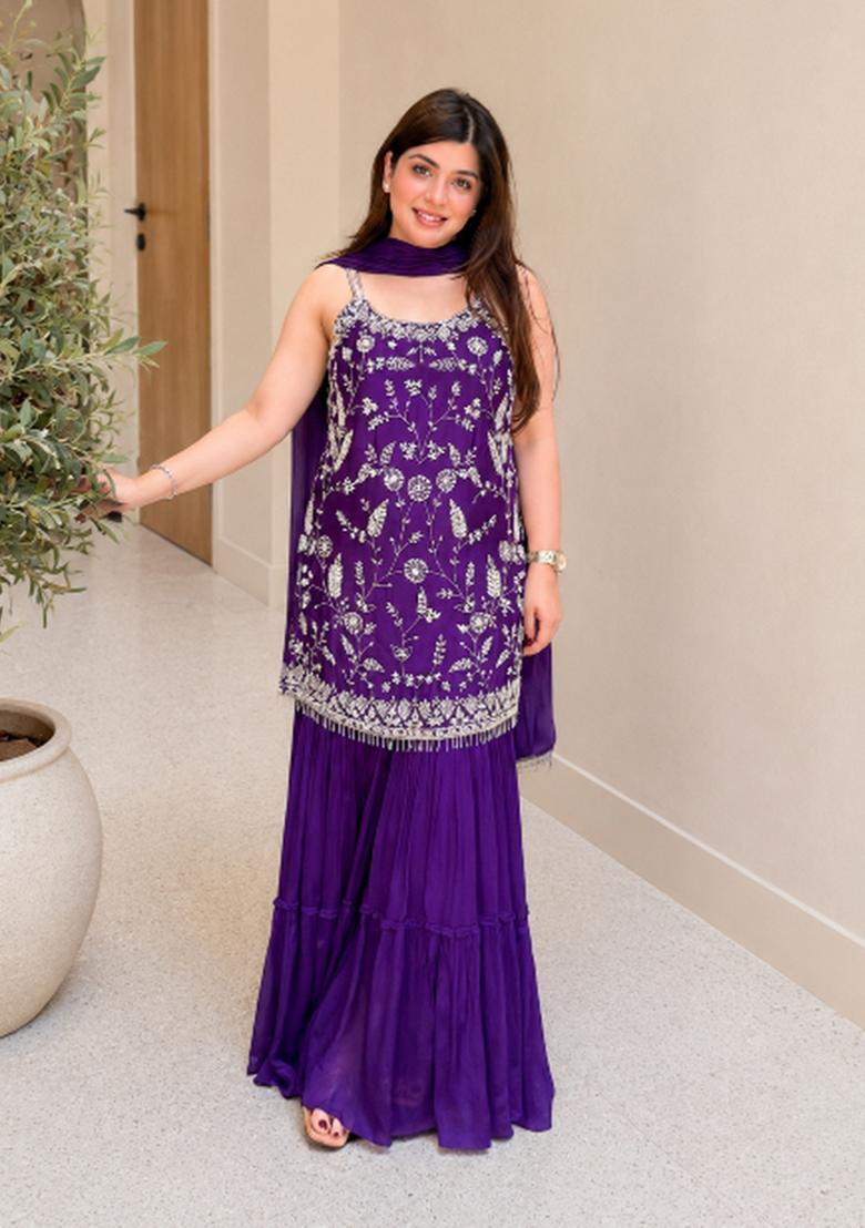 Purple Embroidered Chinon Kurta Set - Indya