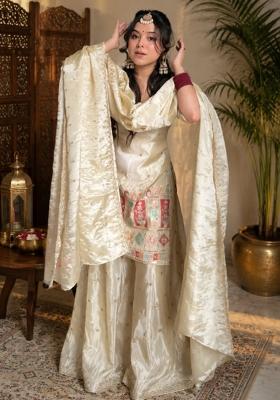 Cream Embroidered Chinon Kurta Set