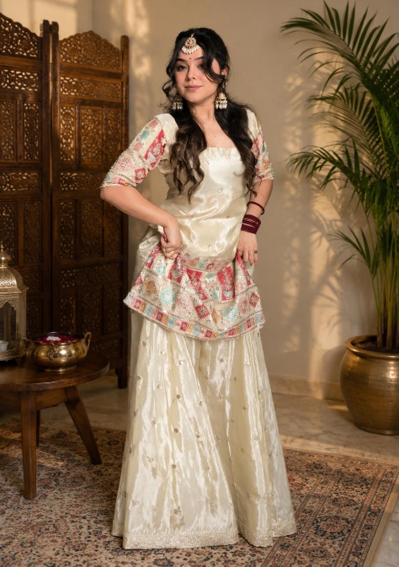 Cream Embroidered Chinon Kurta Set - Indya