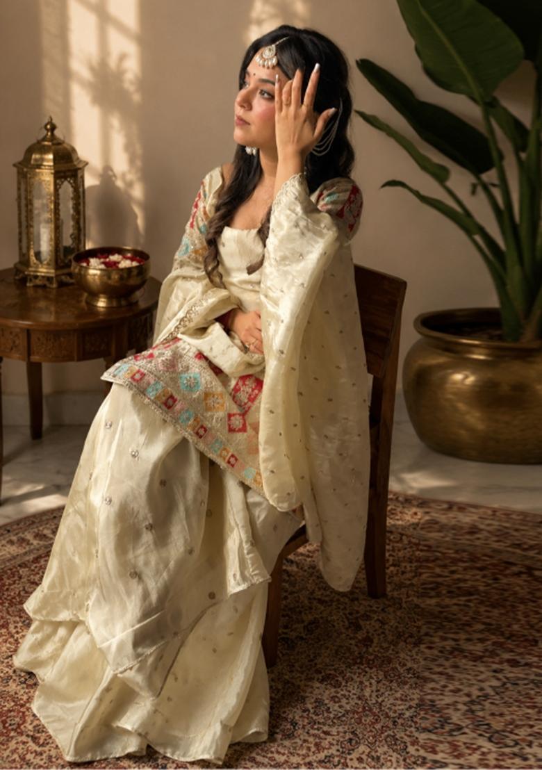 Cream Embroidered Chinon Kurta Set - Indya