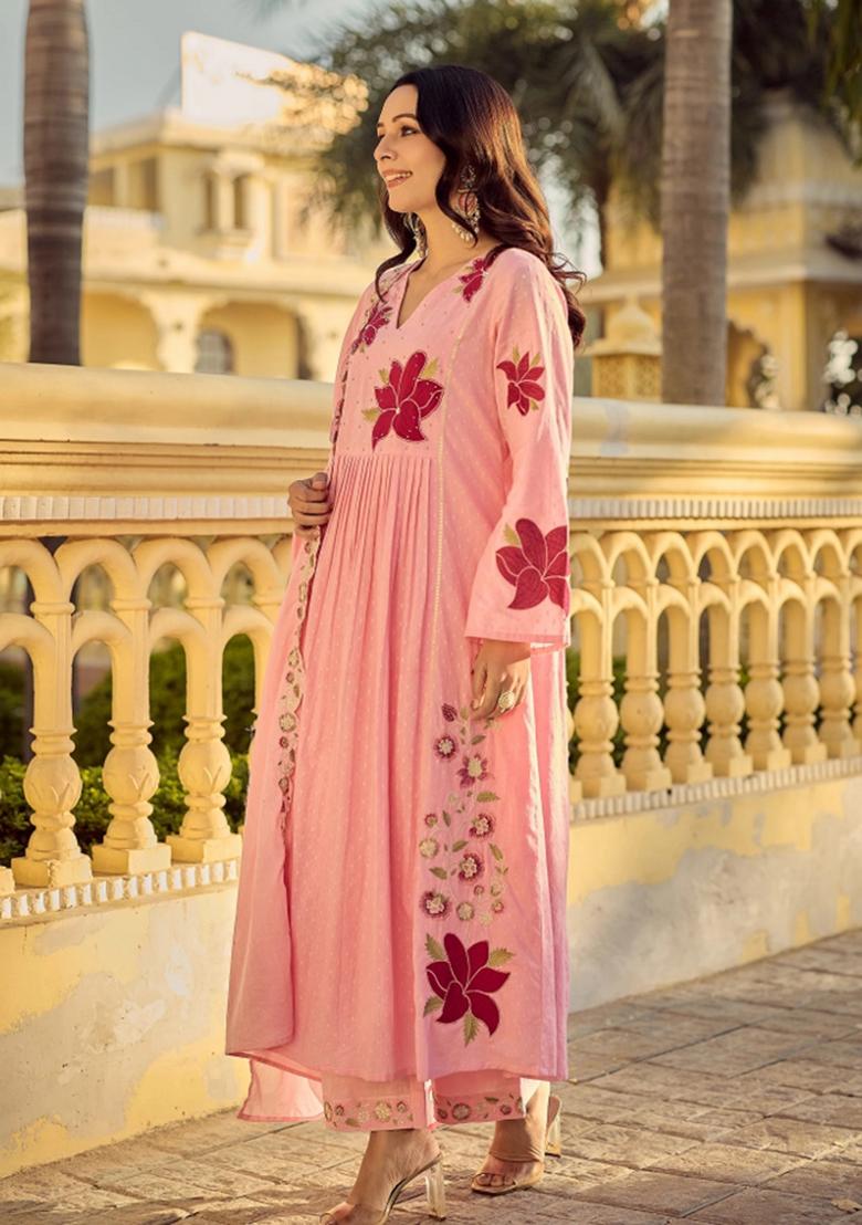 Pink Embroidered Cotton Kurta Set - Indya