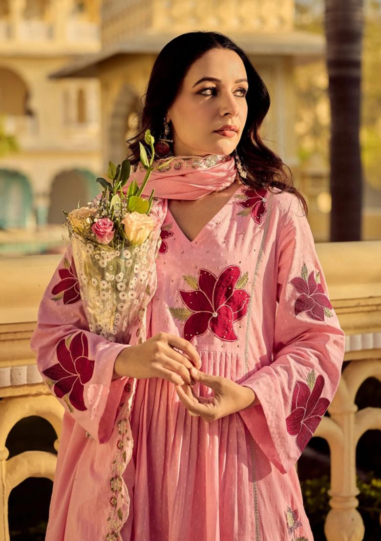 Pink Embroidered Cotton Kurta Set - Indya