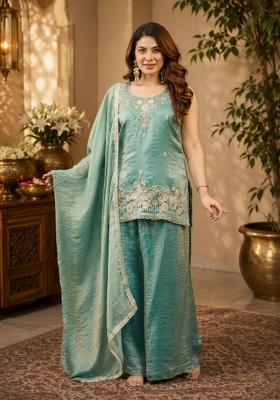 Blue Embroidered Satin Kurta Set