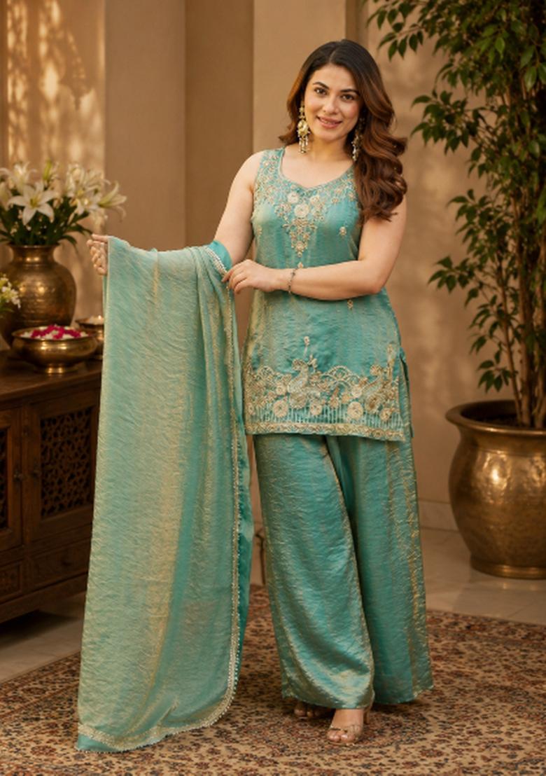 Blue Embroidered Satin Kurta Set - Indya
