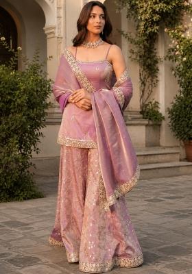 Peach Embroidered Satin Kurta Set