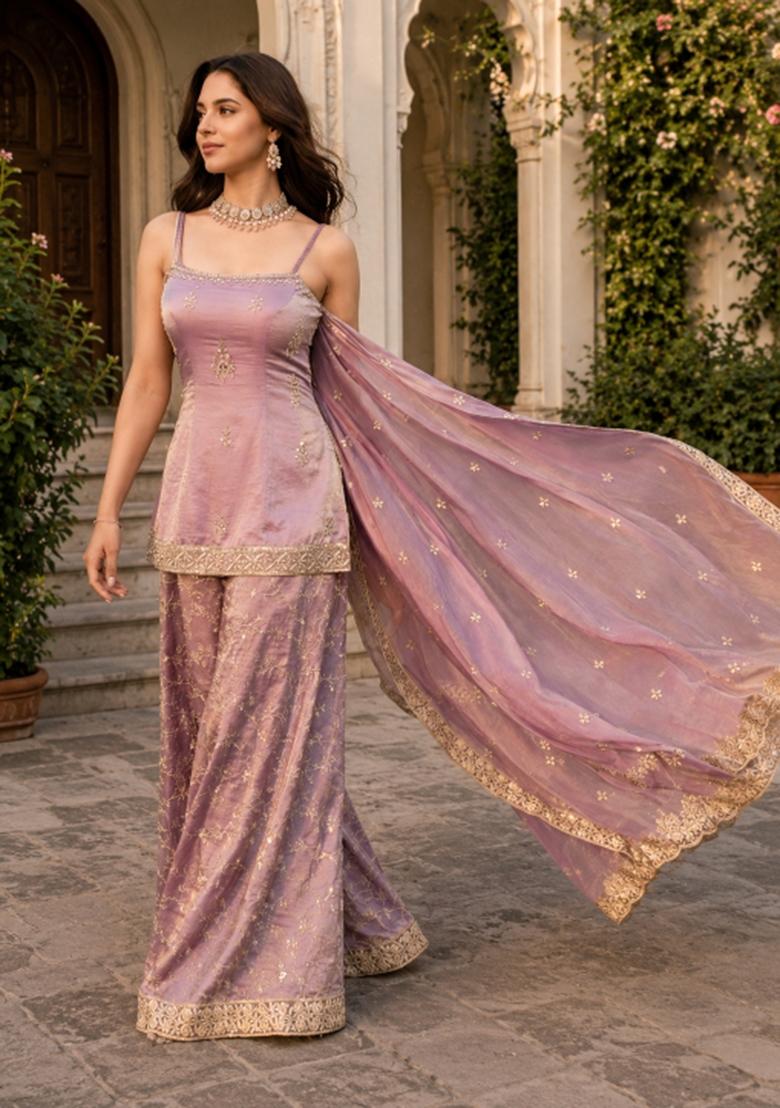 Peach Embroidered Satin Kurta Set - Indya