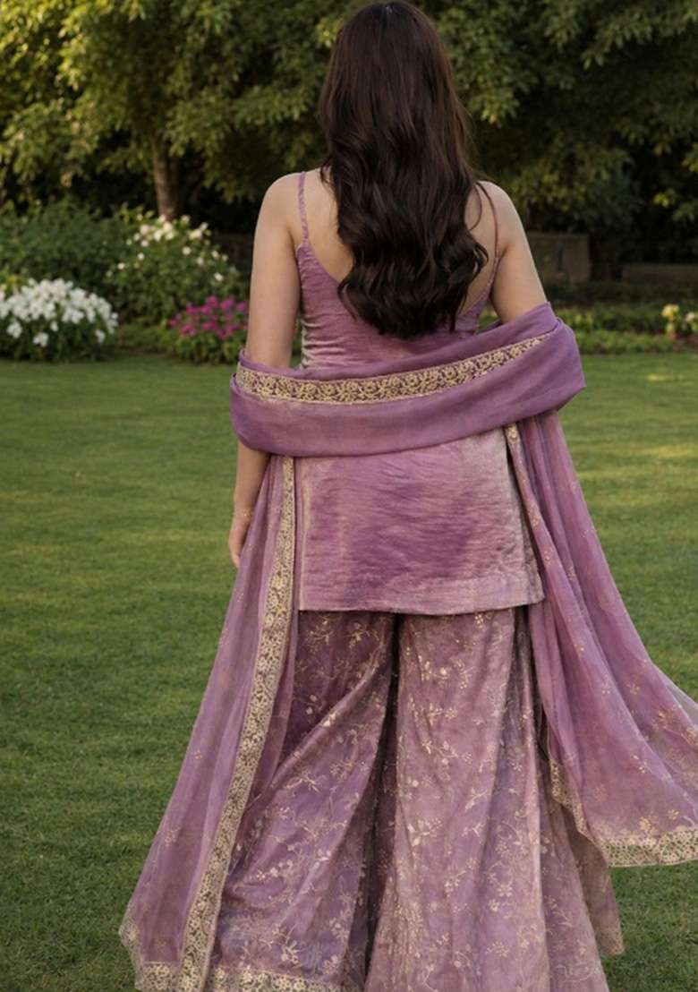 Peach Embroidered Satin Kurta Set - Indya