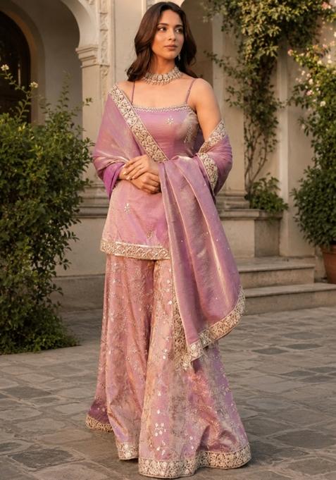 Peach Embroidered Satin Kurta Set