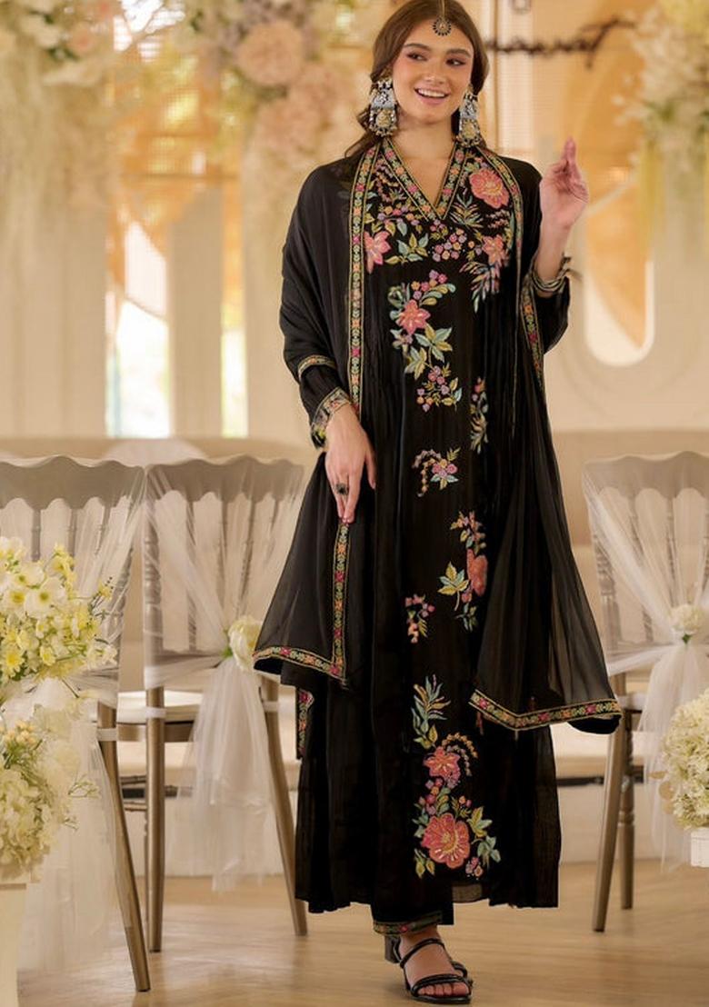 Black Embroidered Georgette Kurta Set - Indya