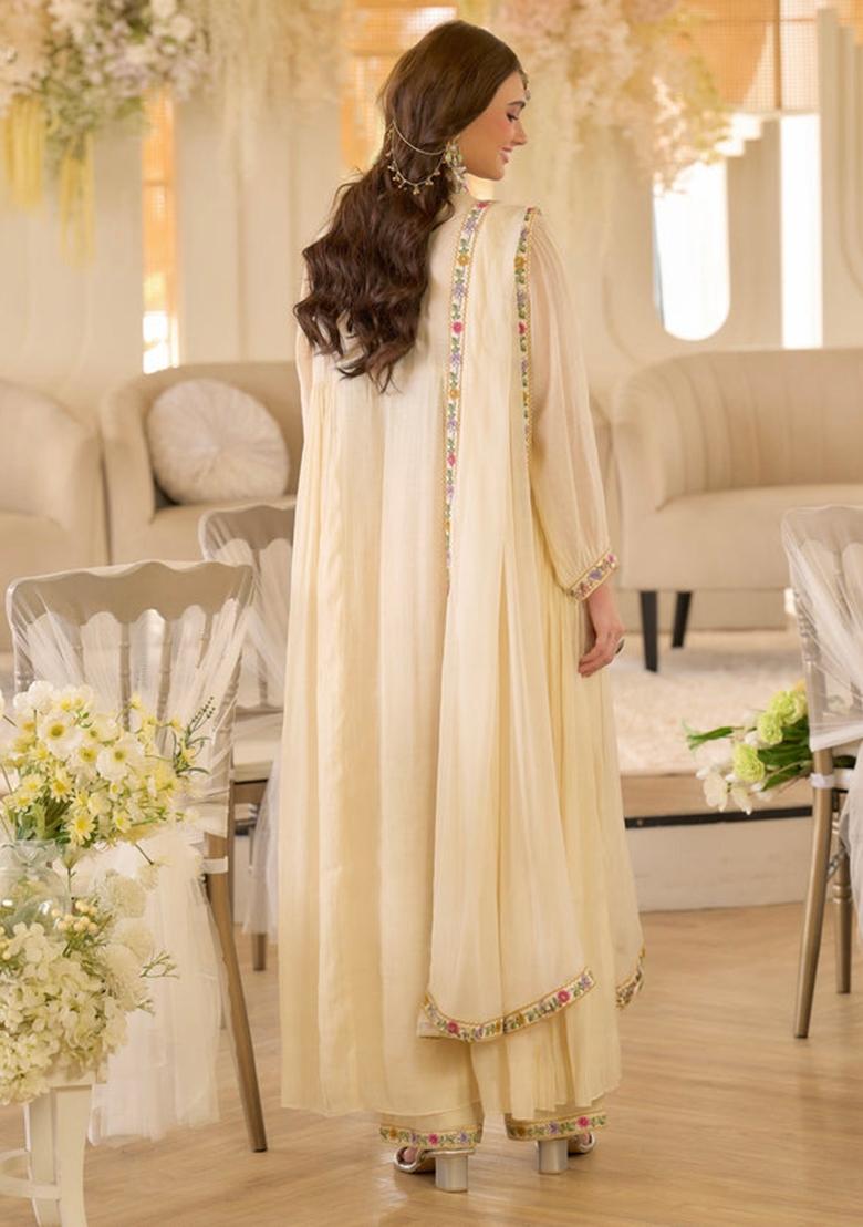Cream Embroidered Georgette Kurta Set - Indya