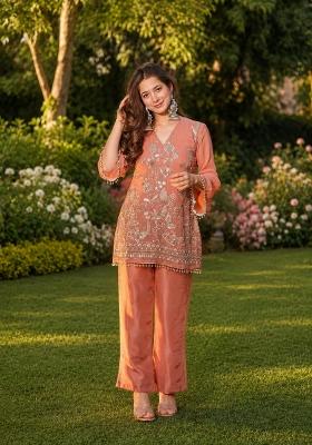 Peach Embroidered Silk Kurta Set