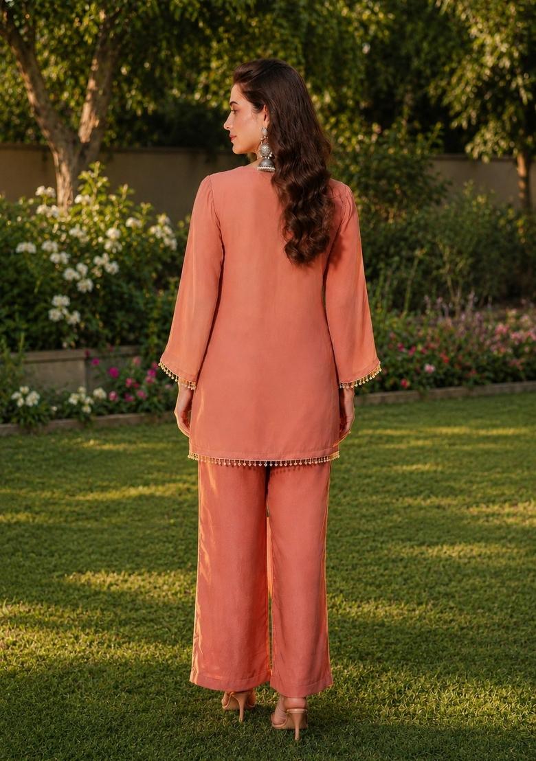Peach Embroidered Silk Kurta Set - Indya