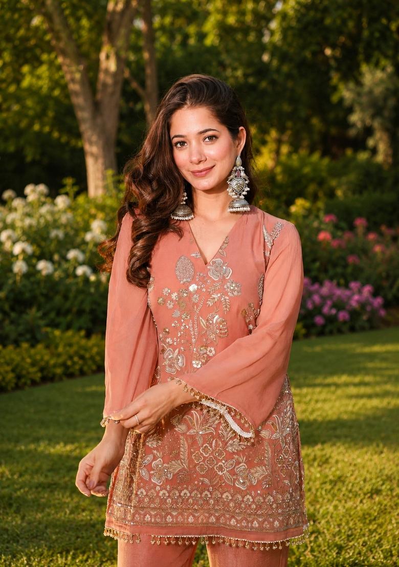 Peach Embroidered Silk Kurta Set - Indya