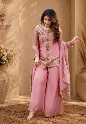 Peach Embroidered Satin Kurta Set