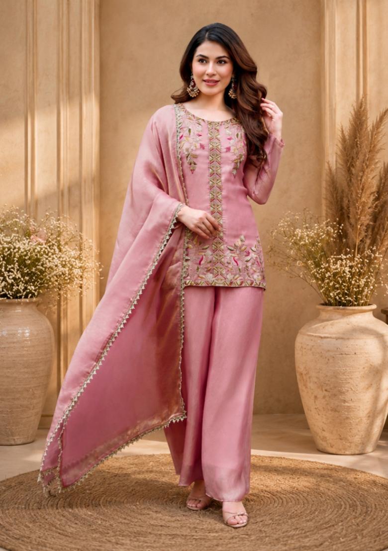 Peach Embroidered Satin Kurta Set - Indya