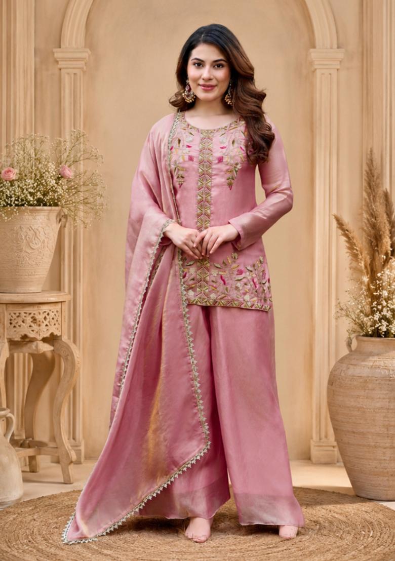 Peach Embroidered Satin Kurta Set - Indya