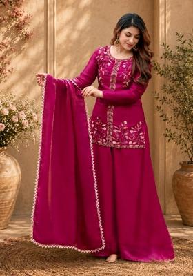 Pink Embroidered Satin Kurta Set