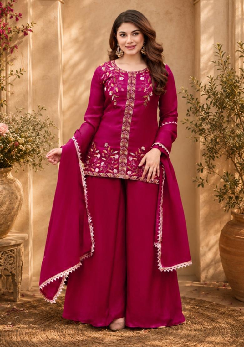 Pink Embroidered Satin Kurta Set - Indya