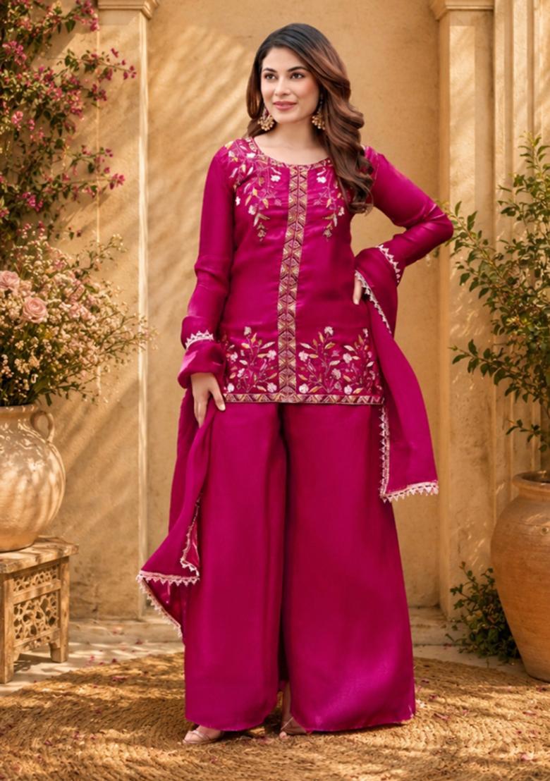 Pink Embroidered Satin Kurta Set - Indya