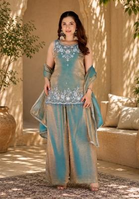 Blue Embroidered Satin Kurta Set