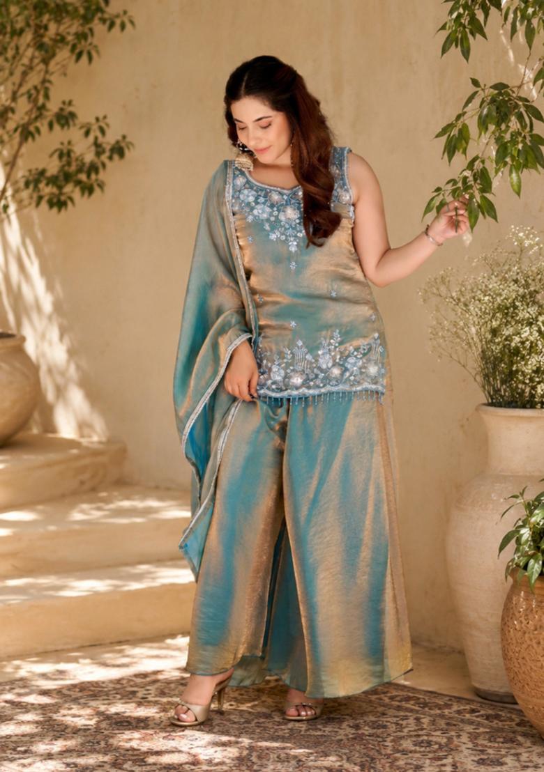 Blue Embroidered Satin Kurta Set - Indya