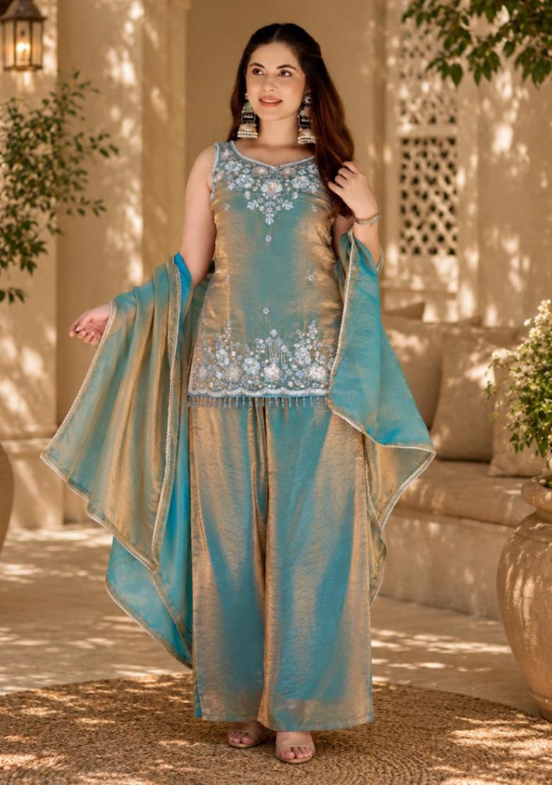 Blue Embroidered Satin Kurta Set - Indya