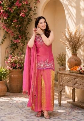 Pink Embroidered Satin Kurta Set