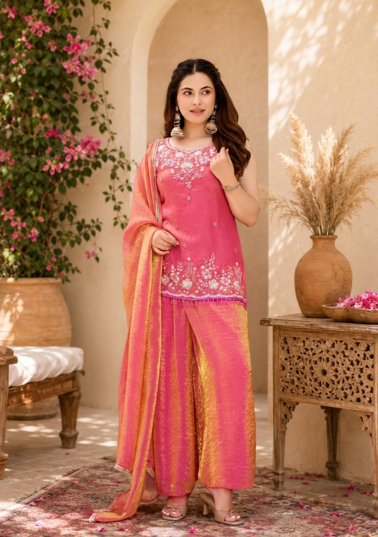 Pink Embroidered Satin Kurta Set - Indya