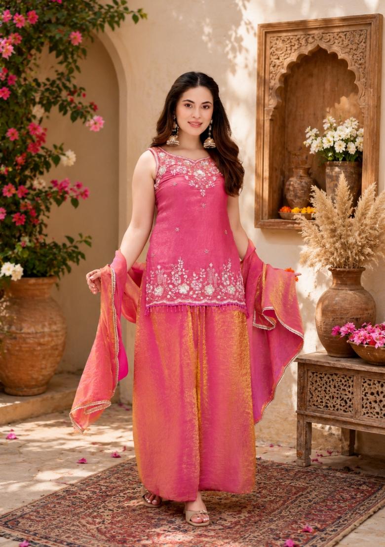 Pink Embroidered Satin Kurta Set - Indya