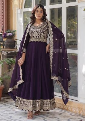 Purple Embroidered Georgette Anarkali With Dupatta