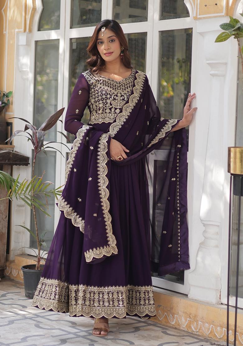Purple Embroidered Georgette Anarkali With Dupatta - Indya
