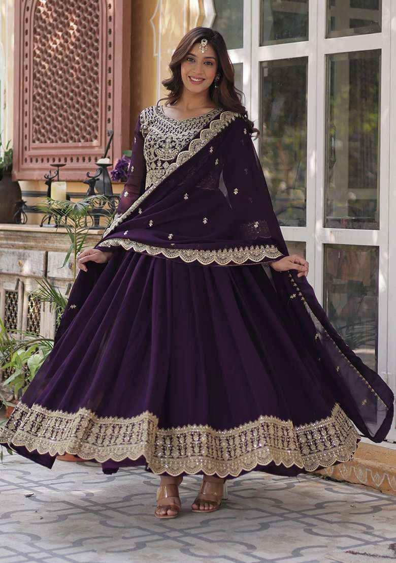 Purple Embroidered Georgette Anarkali With Dupatta - Indya