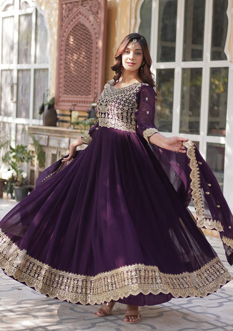 Purple Embroidered Georgette Anarkali With Dupatta - Indya