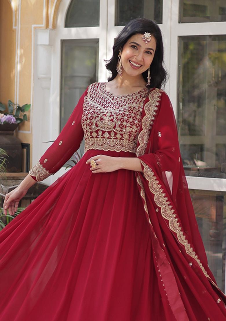 Red Embroidered Georgette Anarkali With Dupatta - Indya