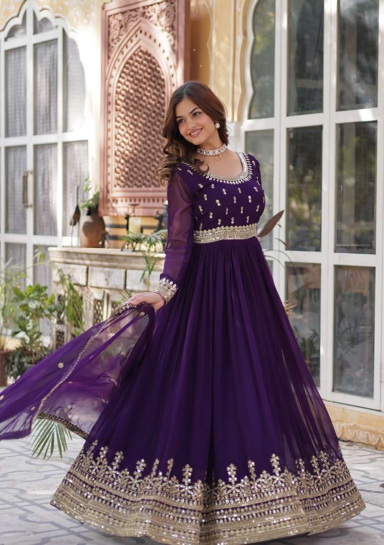 Purple Embroidered Georgette Anarkali With Dupatta - Indya