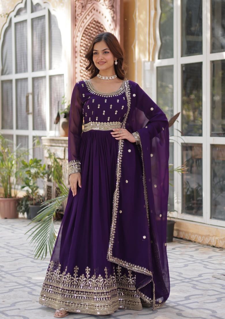 Purple Embroidered Georgette Anarkali With Dupatta - Indya