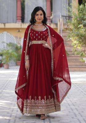 Red Embroidered Georgette Anarkali With Dupatta