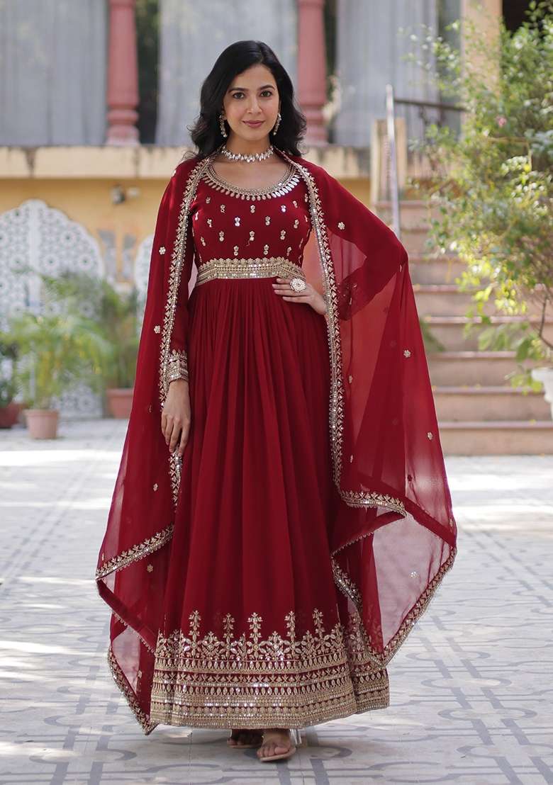 Red Embroidered Georgette Anarkali With Dupatta - Indya