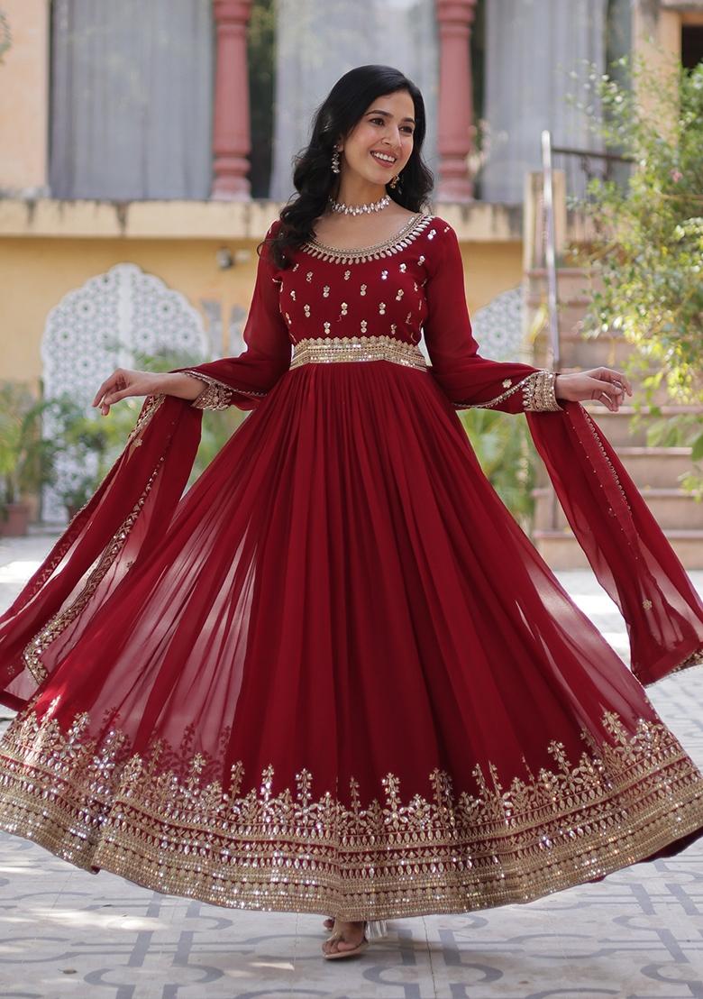 Red Embroidered Georgette Anarkali With Dupatta - Indya