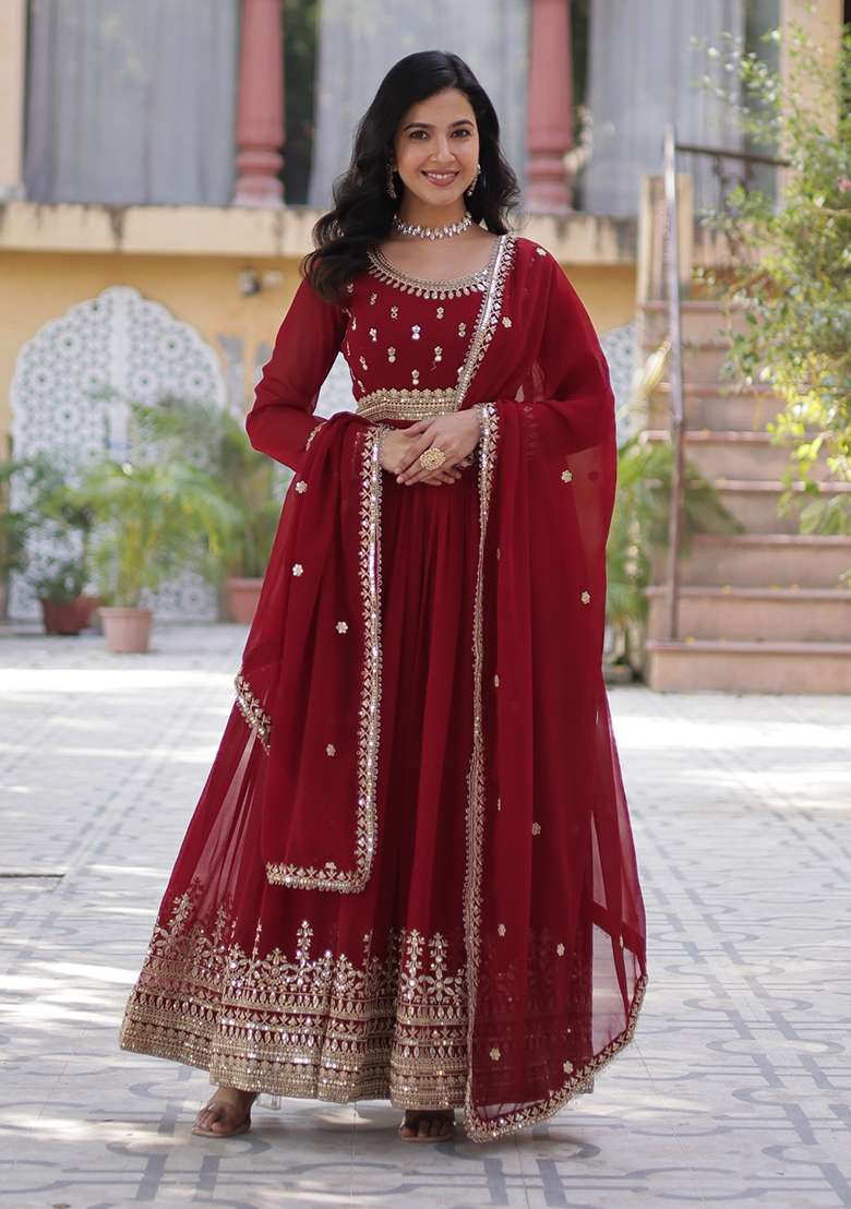 Red Embroidered Georgette Anarkali With Dupatta - Indya
