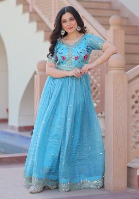 Blue Embroidered Silk Anarkali