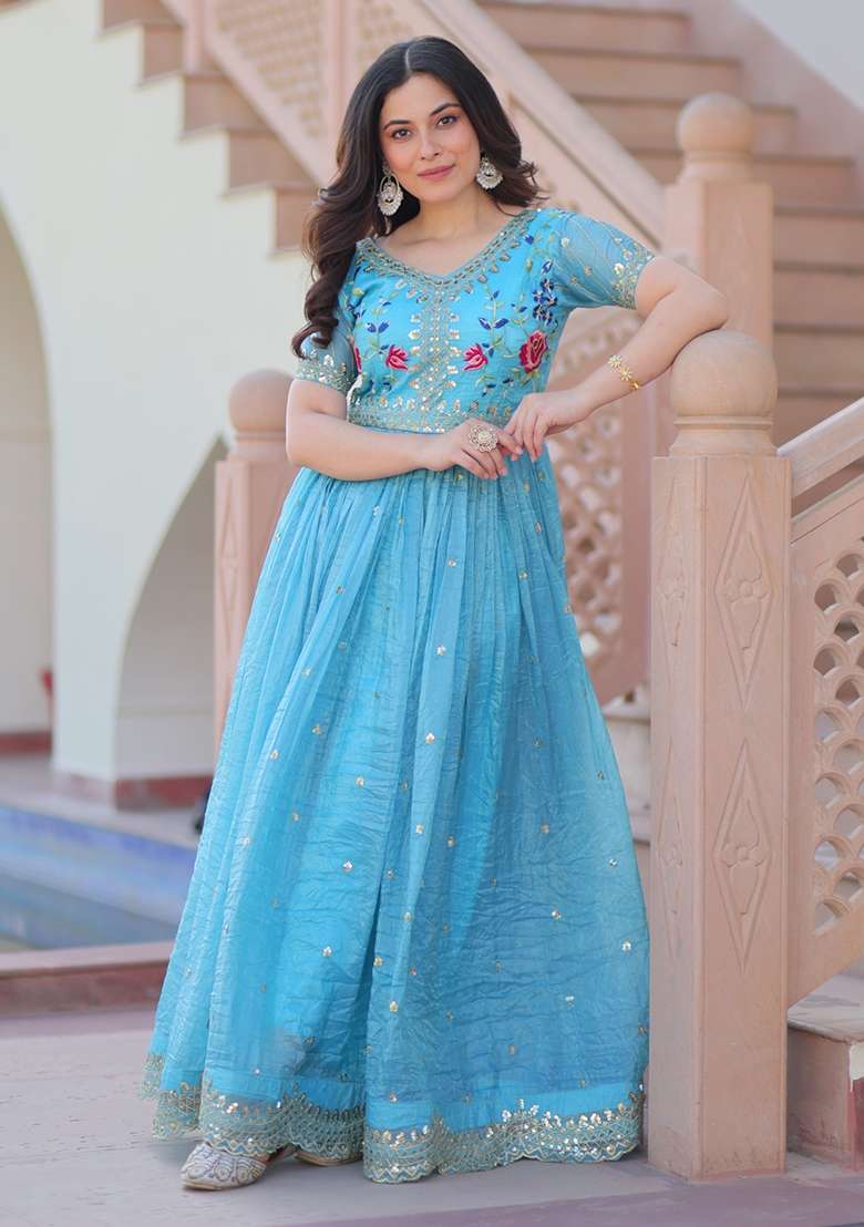 Blue Embroidered Silk Anarkali - Indya